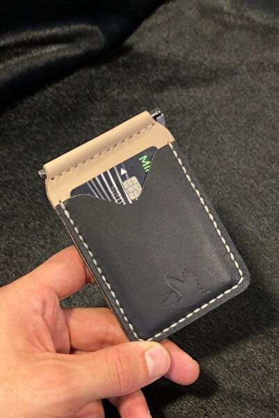 MAT Deri جلد طبيعي بيج أسود - حامل بطاقات نحيف مع مشبك نقود