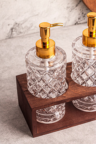 Snippy Bella - Yüksek Ahşap Stantlı 2'li Cam Sıvı Sabun Bulaşık Deterjanı Şişesi Sabunluk 250 ml