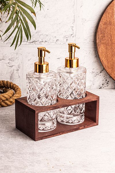 Snippy Bella - 2-Piece Glass Liquid Soap Dishwashing Liquid Bottle with High Wooden Stand Soap Dispenser 250 ml