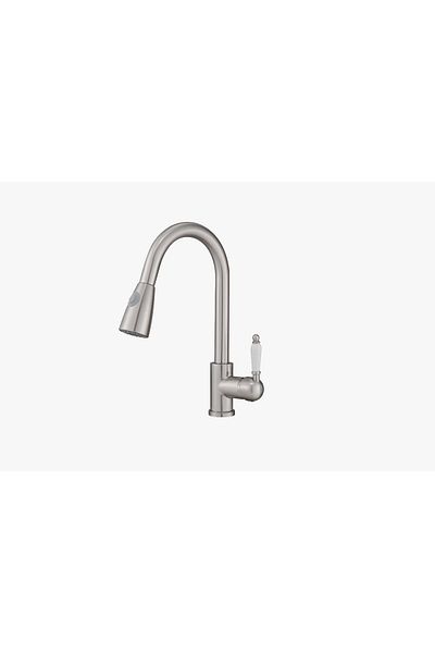İSAOĞLU YAPI Matte Chrome Spiral - Kitchen Faucet, Porcelain Handle, Classic Design, Extending System Luminaire