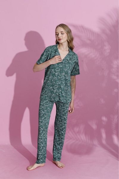 PİJAMOOD Women's Self-Printed Short-Sleeved Cotton Front Buttoned Pajama Set