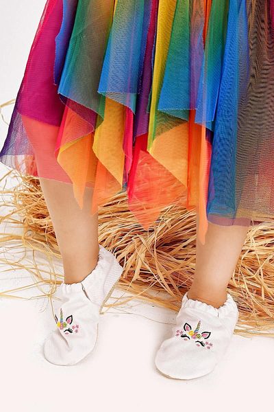 First Step Unicorn Patterned White Booties - Non-Slip Sole, Slippers Nursery Slippers F-824