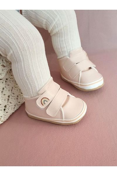 First Step Powder Rainbow Embroidered Velcro Baby Girl Booties-g-2360