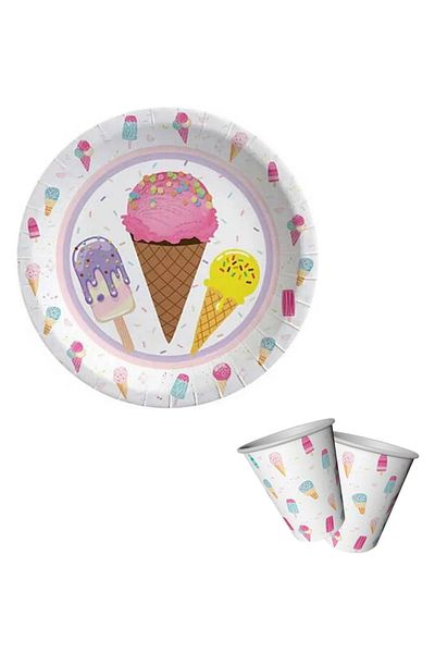 aşkın concept Set of 8 Ice Cream Theme Cups and Paper Plates - for Birthday Party