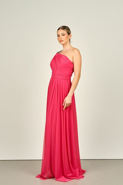 DORİDORCA Rochie de seară lungă din șifon pentru femei Doridorca fucsia - un singur umăr și broderie cu pietre 6037