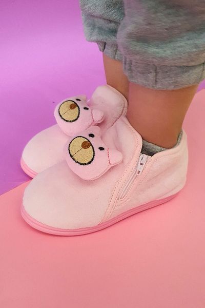 First Step Zippered Velvet Slippers with Pink Teddy Bear Accessories