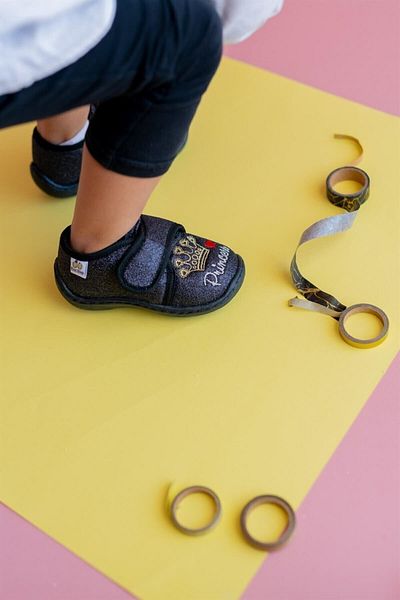 First Step Black Princess Embroidered Children's Slippers