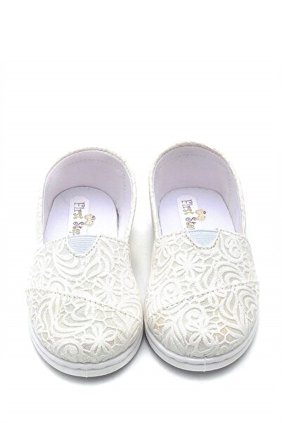 First Step Çiçek Desenli Keten Kız Bebek Babet Ayakkabı-beyaz-f-489