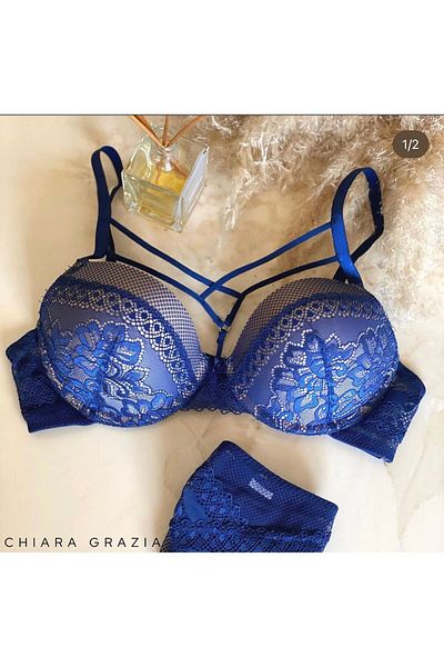 chiara grazia Chiara Grazia mTK 0016 - Navy Blue Lace Chest Detailed Lingerie Set