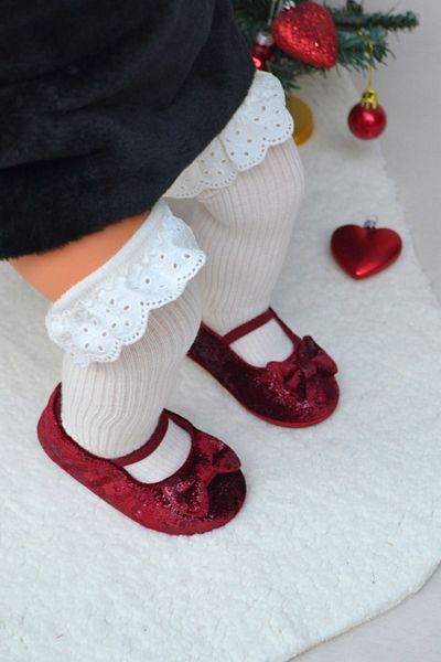 First Step Claret Red Glitter Velvet Baby Girl Elastic First Step Ballet-F-541