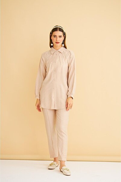 Basicpark Udes Stone Embroidered Linen Stone Shirt Trousers Set