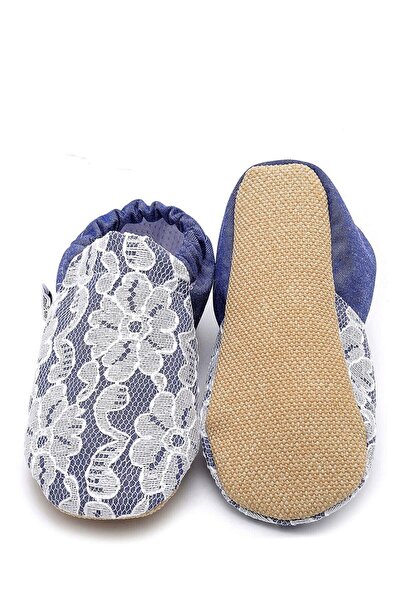 First Step Dantel Kaplama Denim Kaydırmaz Taban Bebek Yazlık Patik Mavi , Ev Botu Terliği Kreş Ayakkabısı Pandu