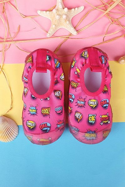 First Step Pantofi de mare cu talpă anti-alunecare pentru fete cu model text fucsia-F-7000