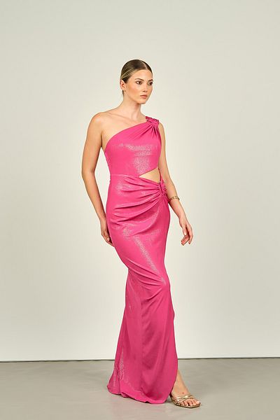DORİDORCA Fuchsia Doridorca Women's Evening Dress - Single Shoulder, Window Detail, Fish Form, Glitter Shiny Fabric 6036