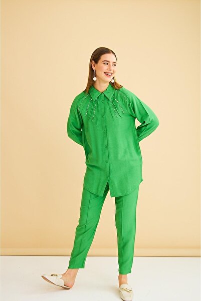 Basicpark Udes Stone Embroidered Linen Green Shirt Trousers Set