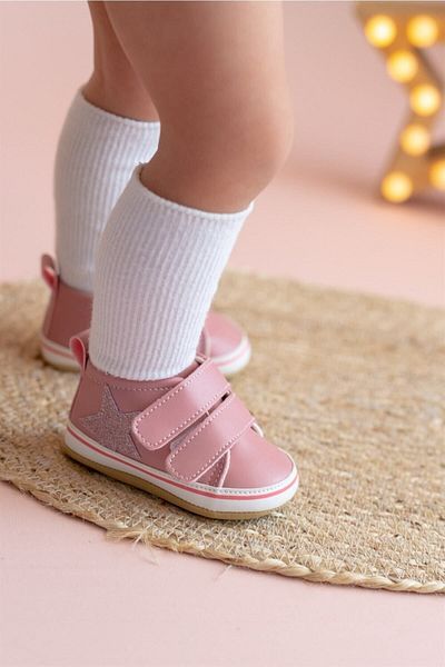 First Step Pink Glitter Star Baby Girl Velcro Booties First Step Shoes-g-2356