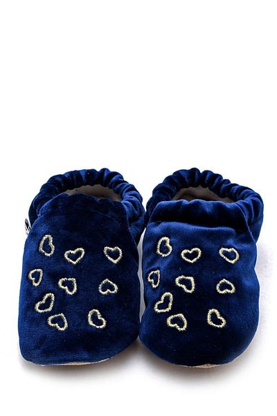 First Step Heart Embroidered Non-Slip Sole Velvet Booties Navy Blue F-823