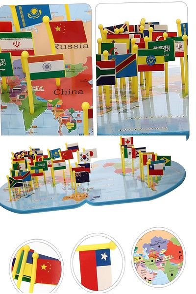 PERİBOİA Double Sided Wooden World Map Platform – Flag Educational Kids Geography Play Set