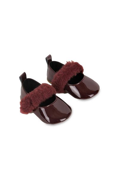 First Step Burgundy Hairy Velcro Patent Leather Baby Girl Ballerina Booties First Step Shoes-g-2355