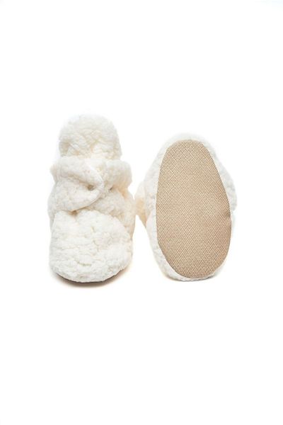 First Step Ecru Plush Non-Slip Based Cotton Lined Snap Slippers