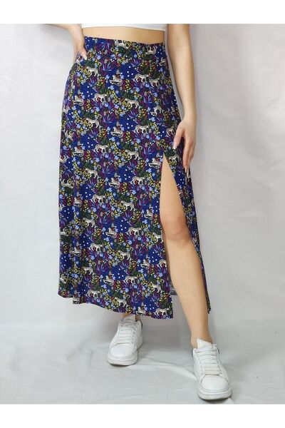 YAXİ Fusta cu fante cu croiala larga albastru bleumarin cu model