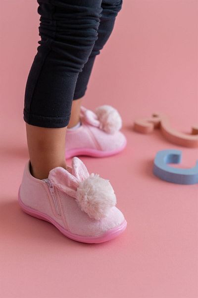 First Step Pompom Rabbit Zippered Velvet Slippers