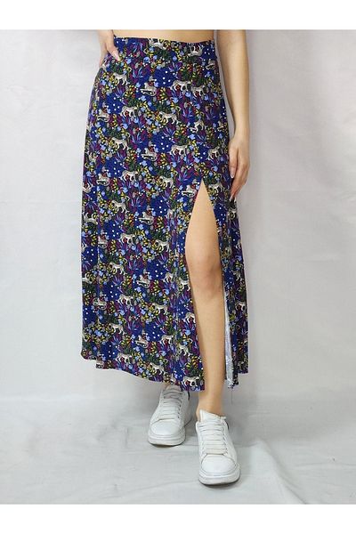YAXİ Fusta cu fante cu croiala larga albastru bleumarin cu model