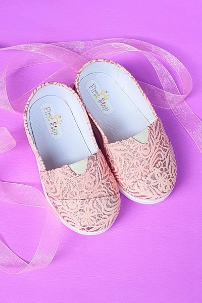 First Step Ballerina-Schuhe für Mädchen aus Leinen mit Blumenmuster-Rosa-F-485