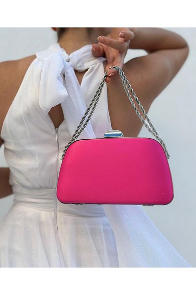 Sh Poly Rochie de seara din satin fucsia - Geanta de mana cu curea cu lant, portofoliu si geanta de umar
