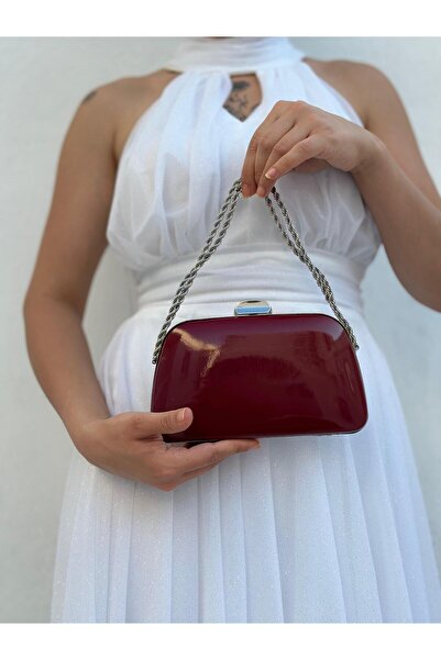 she poly Kadın Rugan Bordo Abiye Clutch Portföy Zincir Askılı El Düğün Nişan Gece Omuz Çantası