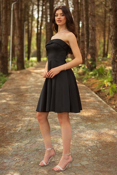 SpringStore Rochie de seara din satin negru fara bretele
