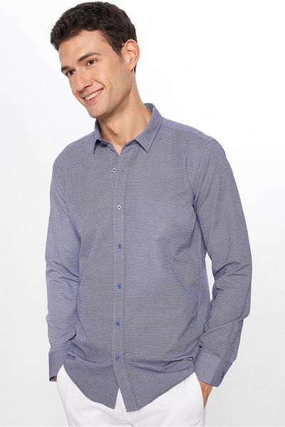 Tudors Ανδρικό μπλε πουκάμισο - Slim Fit, Slim Fit, Μακρυμάνικο, Βαμβακερό, Εύκολο σιδέρωμα, Dobby