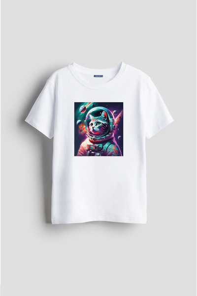 Darkia تي شيرت للأطفال مطبوع عليه رسم قطة رائد فضاء للسفر في الفضاء للجنسين