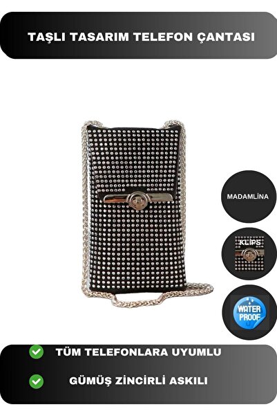 madamlina Şık Hediyelik Kadın Parlak Taşlı Gümüş Zincirli Omuz Askılı Telefon...