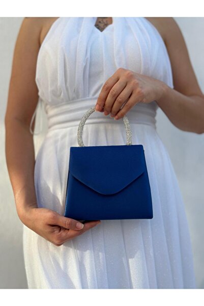 Sh Poly Темно-синя атласна сумочка через плече з камінцями для вечірнього вбрання