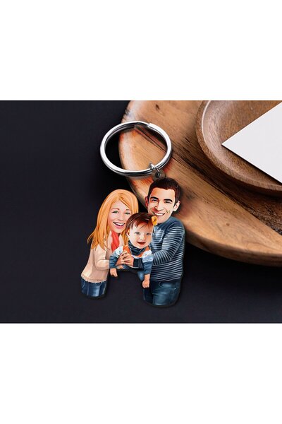 Bk Gift Kişiye Özel Aile Tasarımlı Ahşap Karikatür Anahtarlık-11, Aileye Hedi...