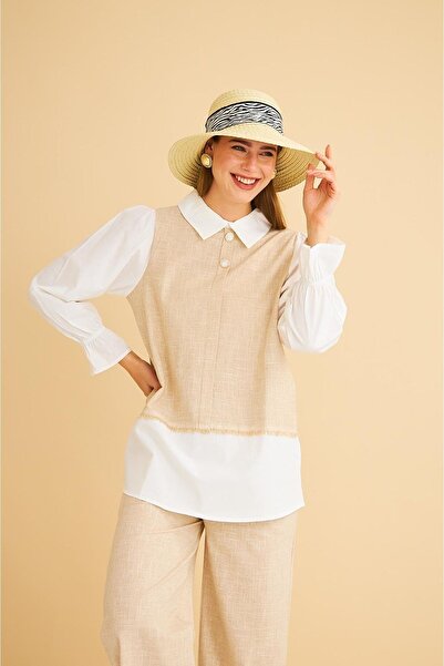 Basicpark Lambade Button Detailed Wide Leg Linen Camel Tunic Trousers Set