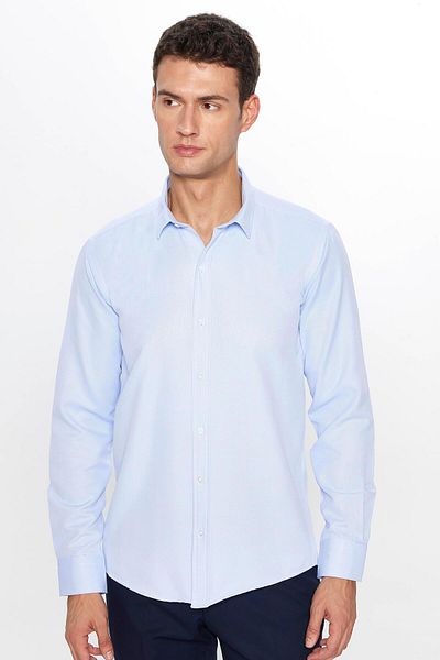 Tudors Cămașă albastră pentru bărbați - Slim Fit, Slim Fit, mânecă lungă, bumbac, ușor de călcat, Dobby