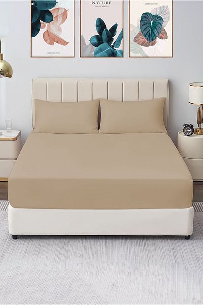 CASPARA Комплект чаршафи с двоен еластичен капучино 180x200 - 2 калъфки за възглавници