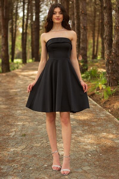 SpringStore Rochie de seara din satin negru fara bretele