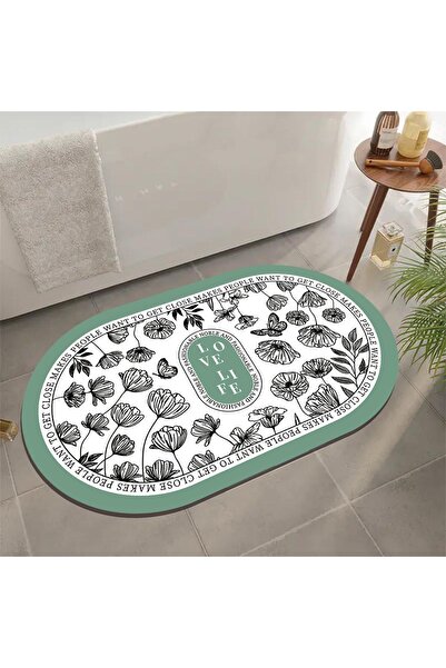 Else Dekor Green Patterned Water Absorbent Oval Bathroom Rug - Doormat Toilet 40x60cm