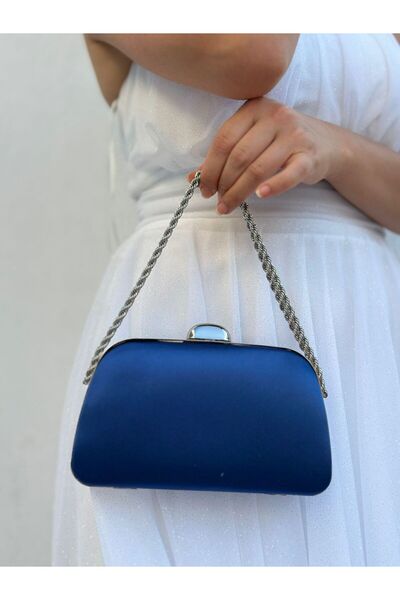 Sh Poly Rochie de seara de dama din satin - clutch portofoliu bleumarin, geanta de umar de noapte cu curea cu lant pentru nunta de logodna