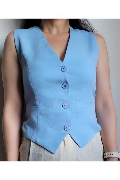 NEVEGE BUTİK Vestă de damă din in elegant Baby Blue - căptușită