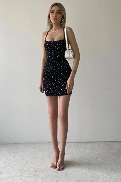 WOMAN VISION Star Patterned - Back Low-cut Black Mini Dress, Crepe Fabric - T...