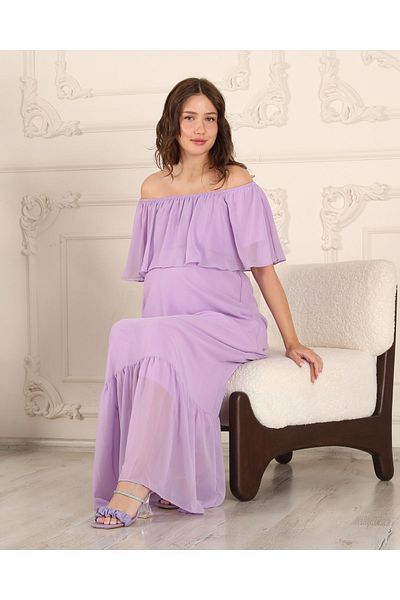 Azra Style Maternity Ruffle Collar Maxi Length Chiffon Dress New Season 8009 Lilac