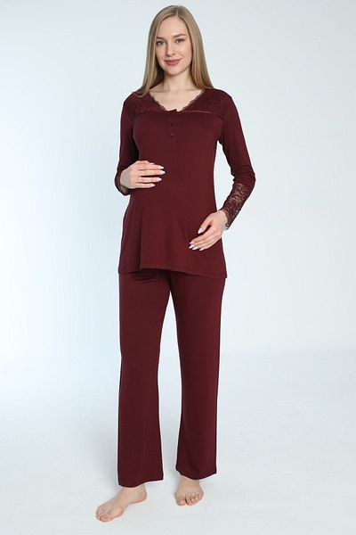 Miss Dünya Lissa Dark Burgundy Lace Detailed Nursing Pajamas Set for Pregnant and Maternity