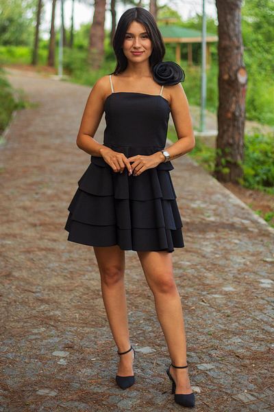 SpringStore Rochie de seara scurta cu bretele din piatra neagra