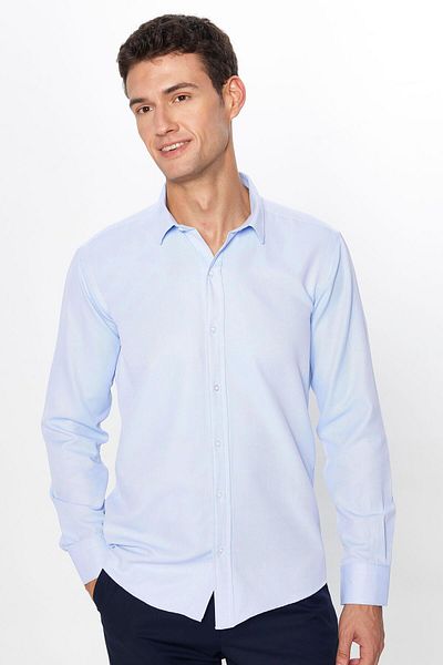Tudors Cămașă albastră pentru bărbați - Slim Fit, Slim Fit, mânecă lungă, bumbac, ușor de călcat, Dobby