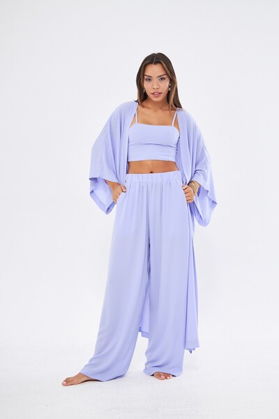 GIA - ART Kimono 3 Parça Büstiyerli Lila Renk Alt-üst Takım (MEDİNE IPEĞİ)