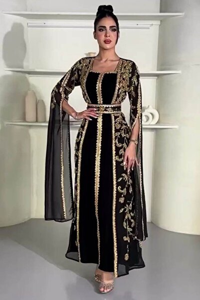 FLORA TEKSTİL طقم مكون من قطعتين مطرز باللون الأسود - فستان قفطان بحزام مطرز ...